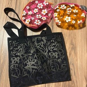 Fenty Beauty Black Graffiti Tote with 2 Ulta Floral Makep Pouches